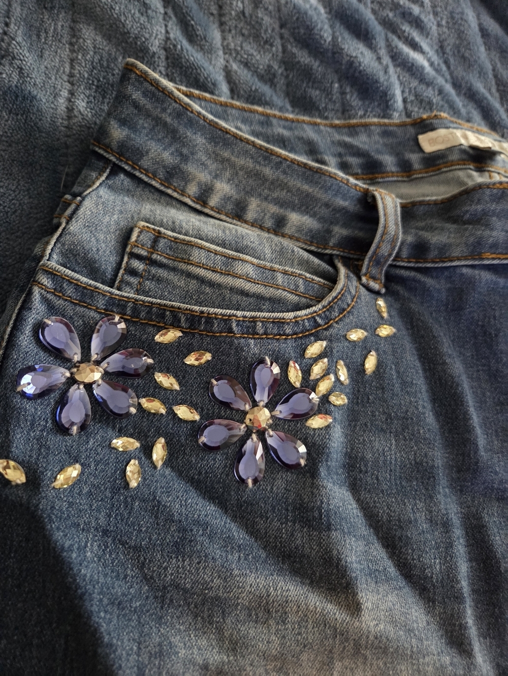 Boston Property "Daisy Duke" Style Jean Shorts With gem Flower Embellishments, 6
